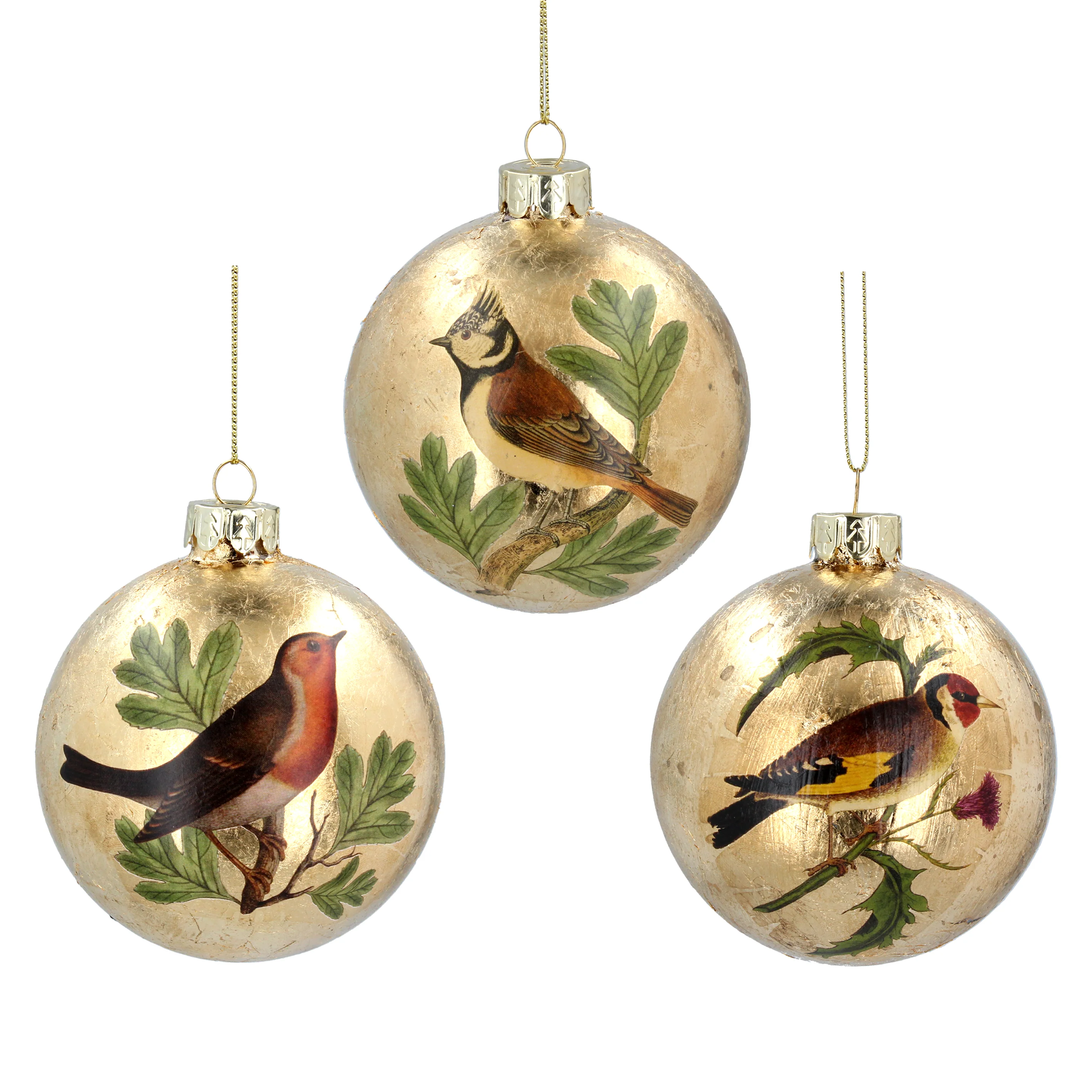 Gold Leaf Glass Ball w Bird Dec, 3as