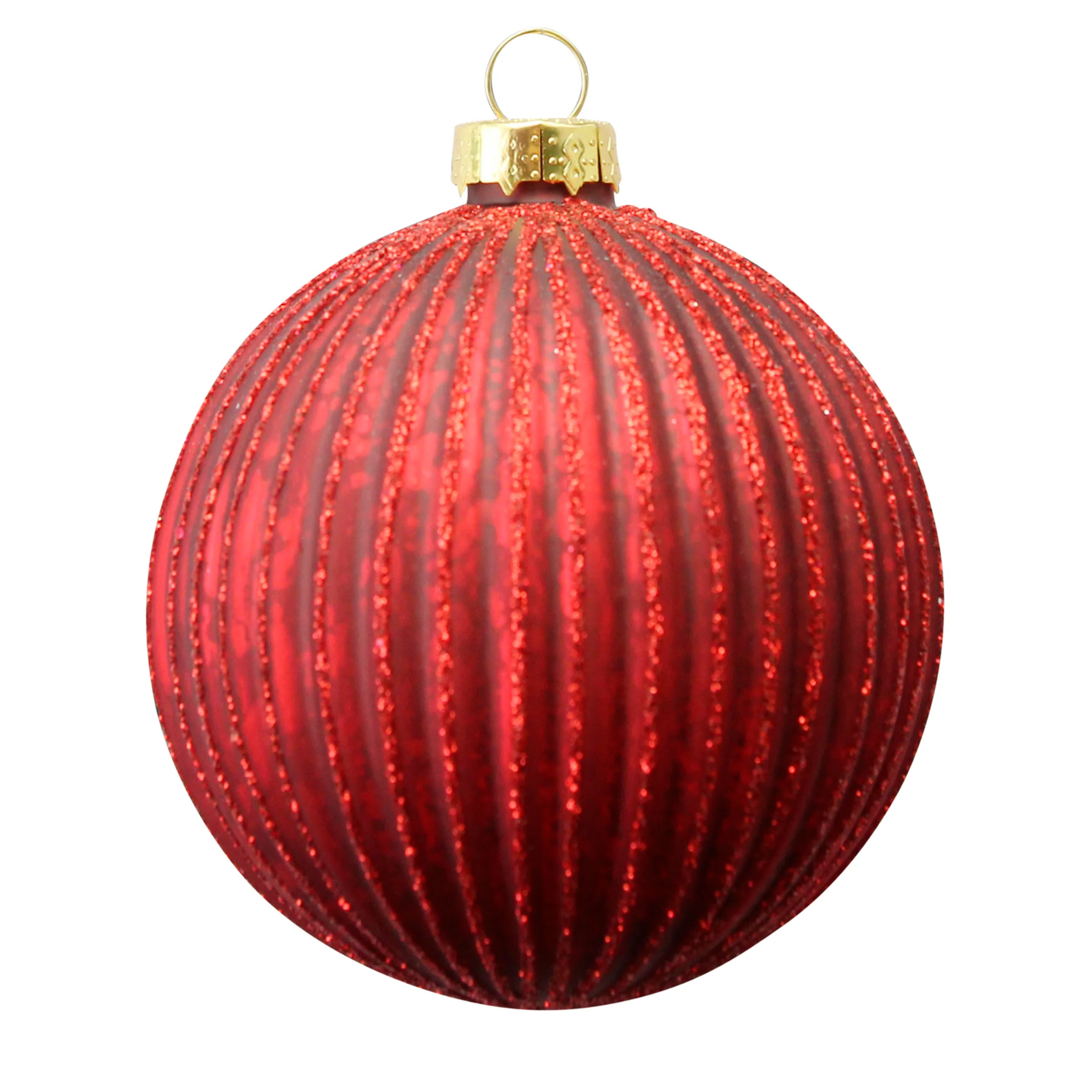Matt Red Ribbed Glass Ball w Red Glitter